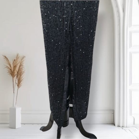 Vintage Beaded Silk Evening Gown Set Black Dress Jacket Size L Formal Gala - Picture 9 of 11